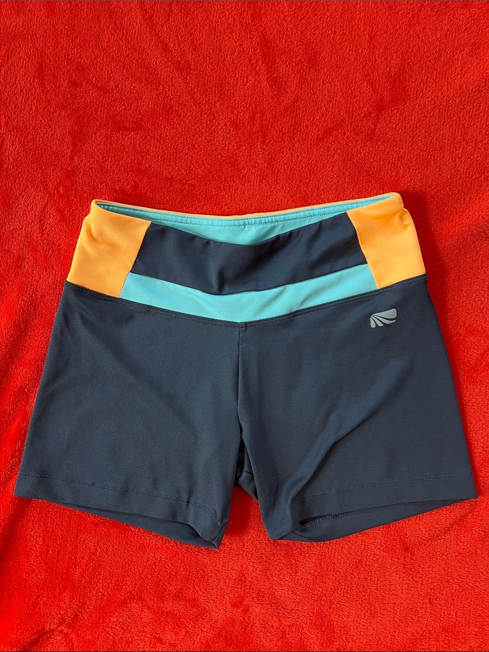Marika Navy Athletic Shorts with Teal and Orange Waistband